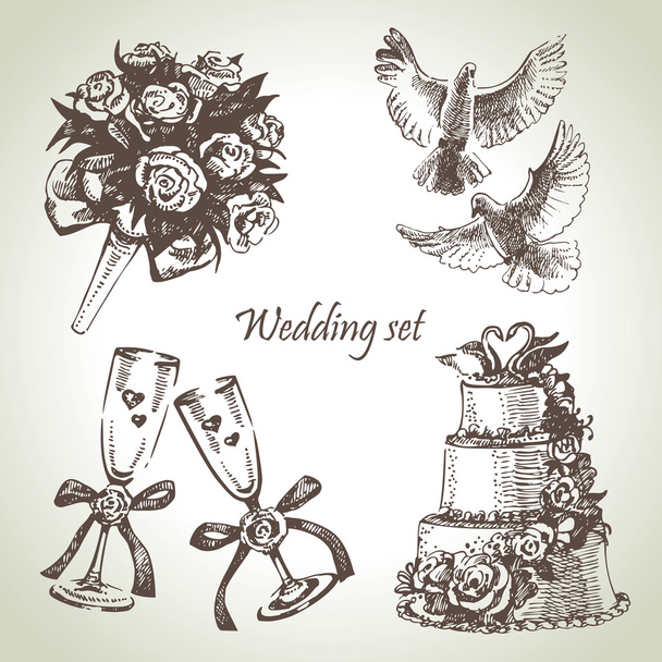 Hochzeitsset vorhanden. Handgezeichnete Illustration - Vektor, Bild