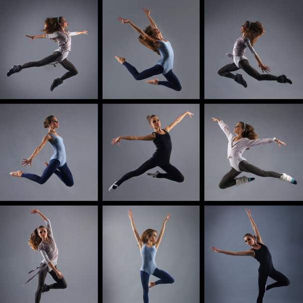 Młoda, atrakcyjna, sportowy i sexy nowoczesne tancerz skoki na szarym tle - Zdjęcie, obraz