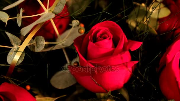 Bouquet of dark red roses on beige wall background. Camera moves right - Footage, Video