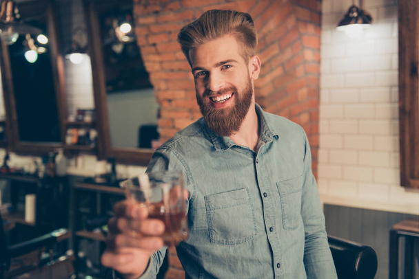 Casual men`s life. Cheers! Handsome young red bearded man in cas - Фото, изображение
