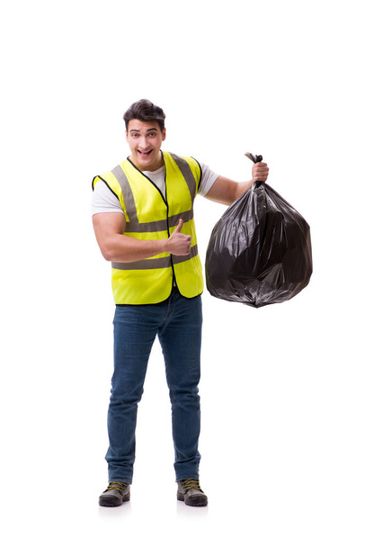 Man with garbage sack isolated on white - Foto, immagini