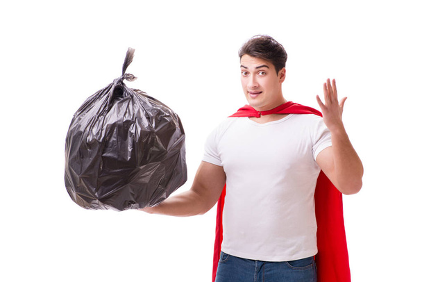 Superhero man with garbage sack isolated on white - 写真・画像