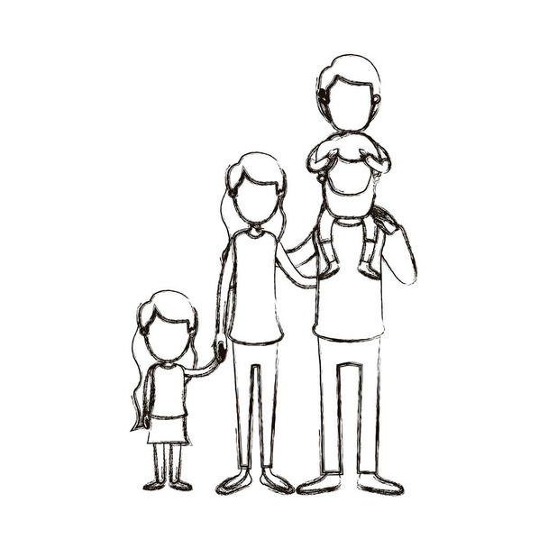 verschwommene Silhouette Karikatur gesichtslose Großfamilie Eltern mit Junge auf dem Rücken und Tochter ergriffen Händen - Vektor, Bild