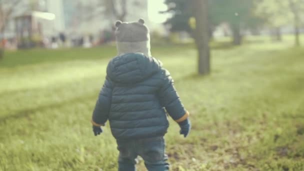 Bambino carino gode di una passeggiata attraverso l'erba verde nel parco in tempo fresco, rallentatore, Vista posteriore
 - Filmati, video
