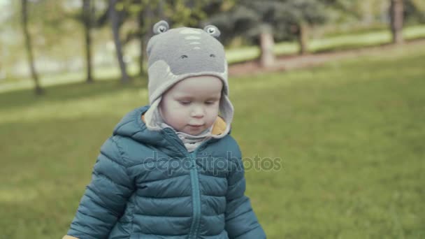 Cute healthy boy in outerwear walks along the green grass in the forest park area, slow motion, medium shot - Footage, Video
