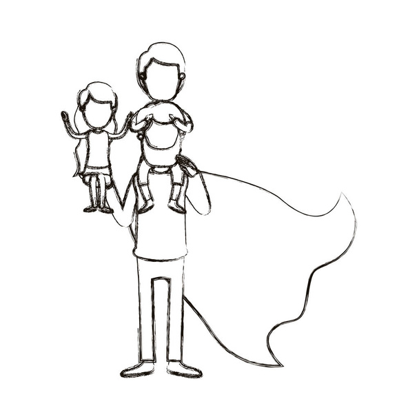 silueta borrosa caricatura sin rostro cuerpo completo super papá héroe con chica en su mano y chico en su espalda
 - Vector, Imagen