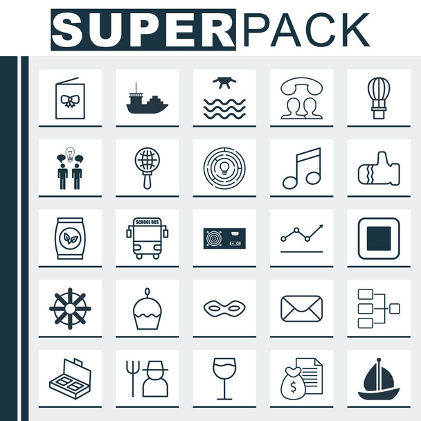 Set Of 25 Universal Editable Icons. Can Be Used For Web, Mobile And App Design. Includes Elements Such As Sailboat, Increasing Line Chart, Speaking People And More. - Vector, Image
