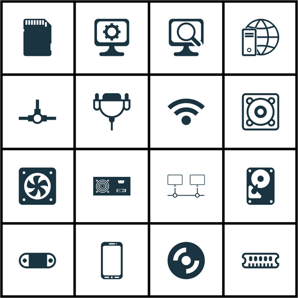 Set Of 16 Computer Hardware Icons. Includes Network Structure, Music, Connected Devices And Other Symbols. Beautiful Design Elements. - Vector, Image