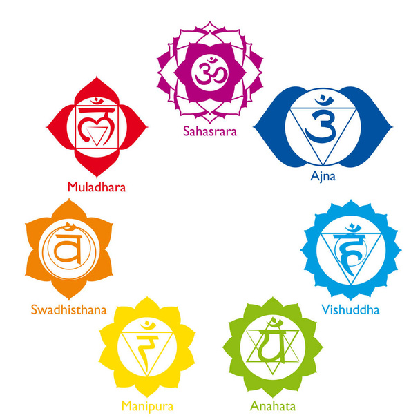 Set with the icons of the seven chakras in different colors with their names on white background - Vector image - Διάνυσμα, εικόνα
