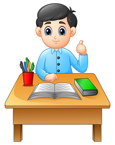 Kreslený chlapec učení u stolu dát palec - Vektor, obrázek