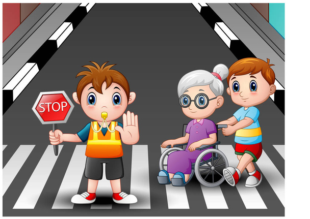 Cartoon flagger and boy helps grandma in wheelchair crossing the street - Vector, Image