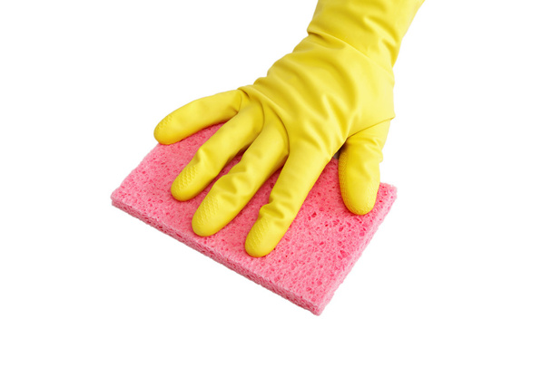 Hand in glove with sponge isolated on white background. - Φωτογραφία, εικόνα