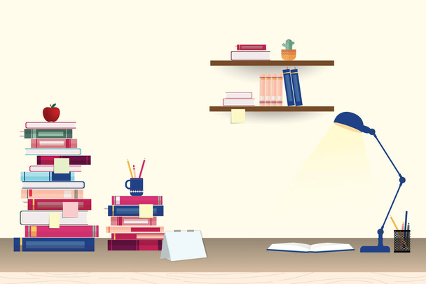 Stack of books and stationery on table and shelves  - Wektor, obraz