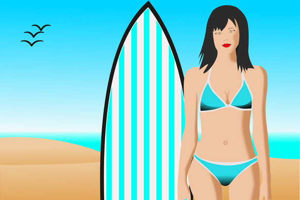 Mulher bonita em biquíni com prancha de surf na praia b
 - Foto, Imagem