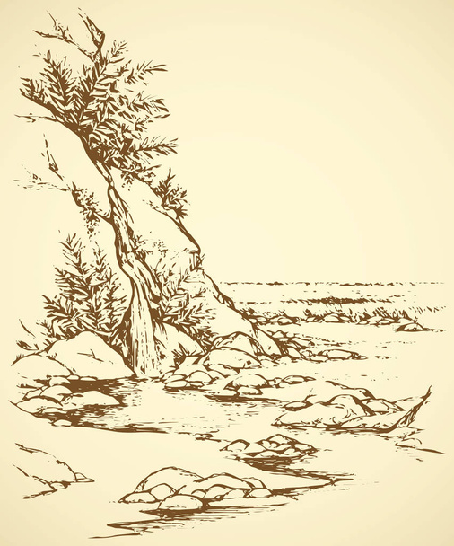 Διάνυσμα τοπίο. Δέντρο κοντά σε ένα ρυάκι στο βουνό - Διάνυσμα, εικόνα