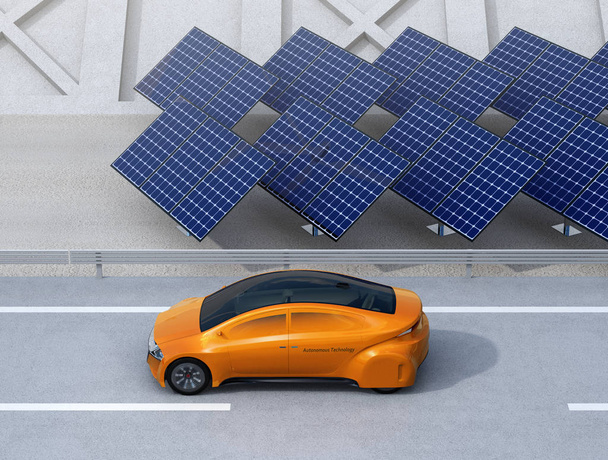 Oranje elektrische auto rijden op de snelweg - Foto, afbeelding