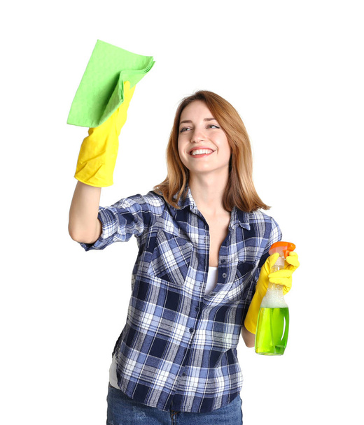 woman holding rag and cleanser spray  - Valokuva, kuva