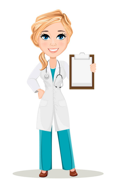 聴診器で医療ガウンの医者の女性。医者のかわいい漫画のキャラクター。ベクトルの図。Eps10 - ベクター画像