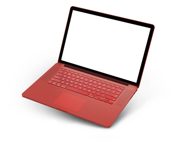 Laptop met leeg scherm geïsoleerd op een witte achtergrond, rode aluminium behuizing. Geheel in beeld. Hoog gedetailleerde, resolutiebeeld. - Foto, afbeelding