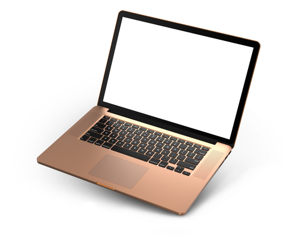 Laptop met leeg scherm geïsoleerd op een witte achtergrond, gouden aluminium behuizing. Geheel in beeld. Hoog gedetailleerde, resolutiebeeld. - Foto, afbeelding
