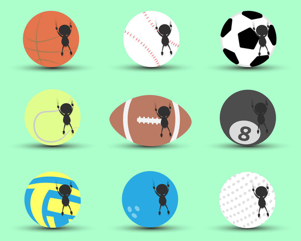 Black man character cartoon hang and clutch sports ball to prevent to falling down with green background. Flat graphic. logo design. sports cartoon. sports balls. vector.  - Vector, Image