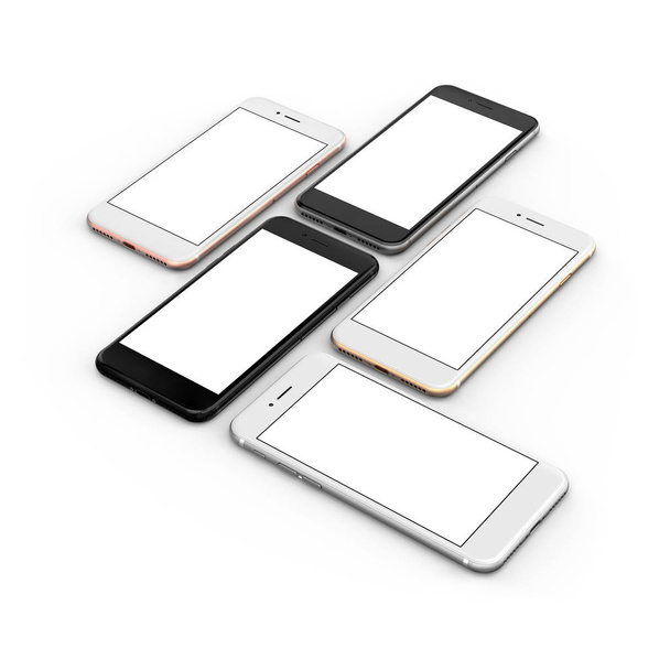 Smartphones gold, rose, silber, schwarz und schwarz poliert - leerer Bildschirm und isoliert auf weißem Hintergrund. - Foto, Bild