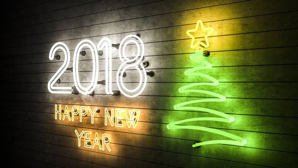 Ευτυχισμένο το νέο έτος 2018. Νέον σχήματα με φώτα Χριστουγεννιάτικο δέντρο με ένα αστέρι. - Φωτογραφία, εικόνα