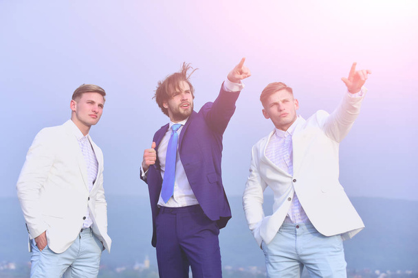 people of young man, businessman and guys on blue sky - Foto, Imagen