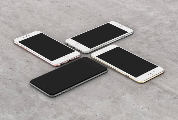 Cuatro teléfonos inteligentes de oro, rosa, plata y negro con pantalla en blanco
. - Foto, imagen