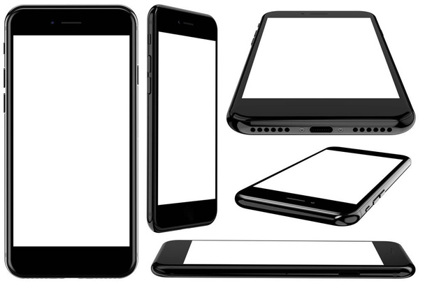 Set van vijf smartphones: goud, rose, zilver, zwart en zwart gepolijst - Foto, afbeelding