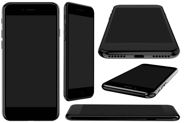 Zestaw pięciu smartfonach: złoto, róża, srebrny, czarny i czarny polerowany - Zdjęcie, obraz