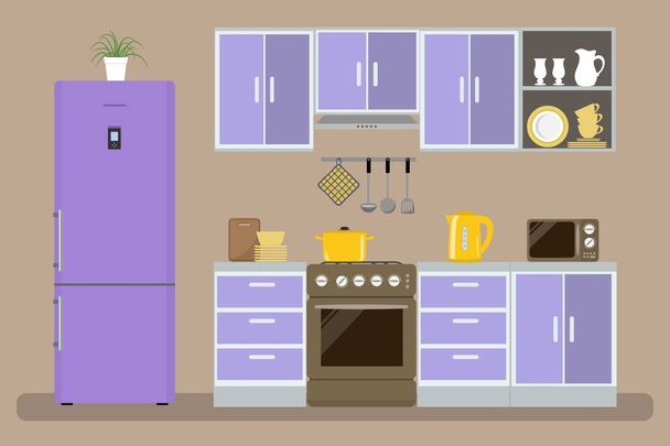 Modern kitchen in a purple color - Vector, Image