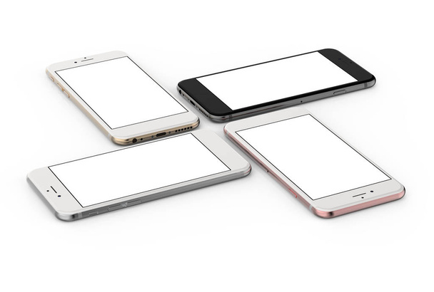 Cztery smartfony złota, rose, srebrny i czarny z pustego ekranu. - Zdjęcie, obraz