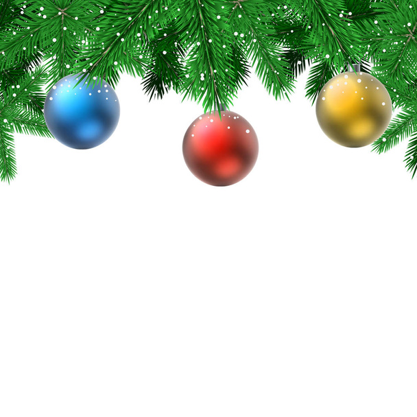 Κλαδιά έλατου με κρεμαστά διακόσμηση μπάλες Χριστουγεννιάτικη κάρτα με w - Διάνυσμα, εικόνα