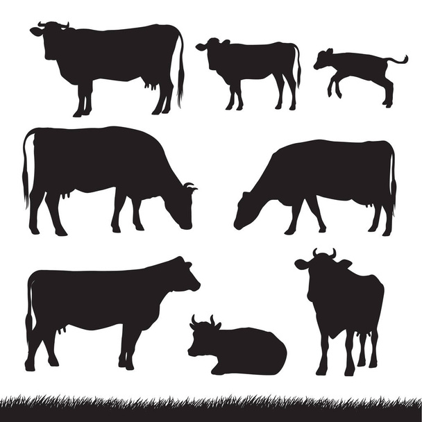 Krávy a trávy siluety - Vektor, obrázek