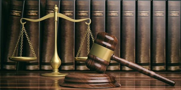 Δικαιοσύνης κλίμακα, το σφυρί και το νόμο βιβλία. 3D απεικόνιση - Φωτογραφία, εικόνα