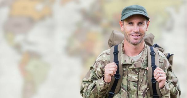 Soldier with backpack against  map - Foto, Imagem