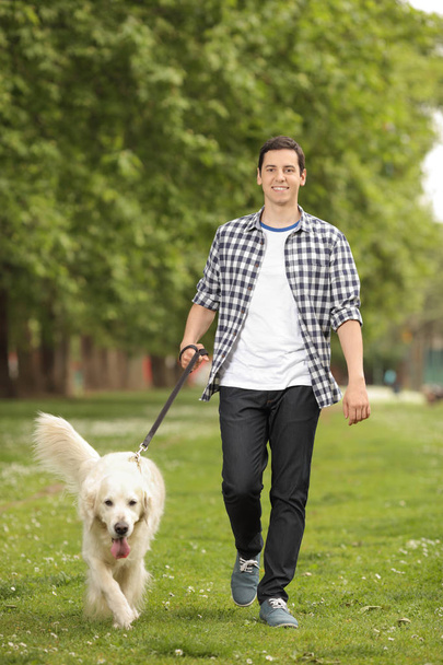 Young man with a dog walking in a park - Zdjęcie, obraz