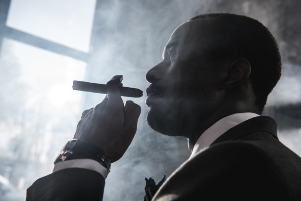 Vista laterale di un uomo africano americano sicuro che fuma sigaro al chiuso
  - Foto, immagini