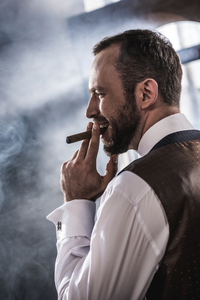 Side view of smiling confident man smoking cigar indoors  - Fotografie, Obrázek