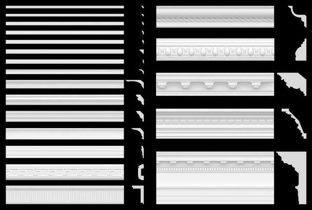 eine Reihe von Gesimsen und Friesen isoliert auf schwarzem Hintergrund. 3D-Visualisierung von Gips-Stuck. nahtlose Textur des klassischen weißen Sockels. - Foto, Bild