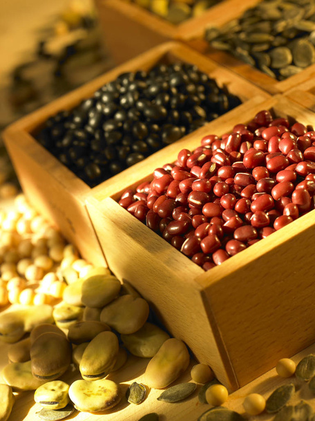 beans and seeds in wooden boxes - Photo, Image