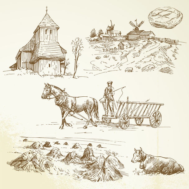 Rural landscape, farming, haying - Vector, Image