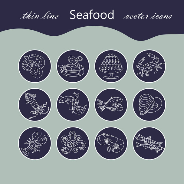 Seafood thin line vector icons set. - Vector, Image