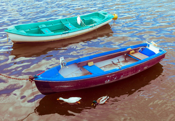 deux bateaux solitaires et abandonnés amarrés au rivage
. - Photo, image