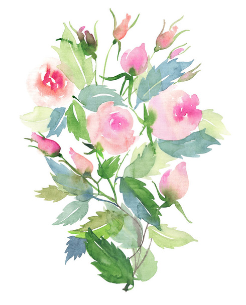 Güzel hassas ihale şirin zarif güzel çiçek renkli bahar yaz pembe ve kırmızı gül tomurcukları ve yaprakları buket suluboya el çizim ile - Fotoğraf, Görsel