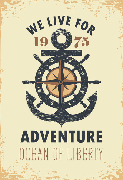 travel banner with anchor, helm and Rose of Wind - Vector, Image