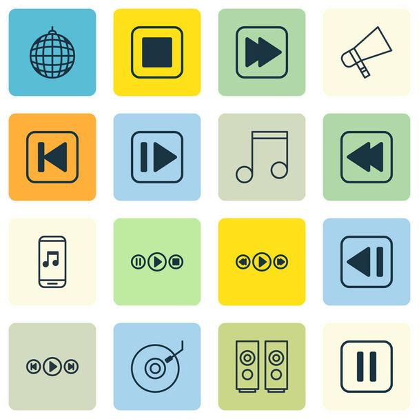 Набор из 16 музыкальных икон. Includes Song UI, Following Music, Stop Button and Other Symbols. Элементы дизайна
. - Вектор,изображение