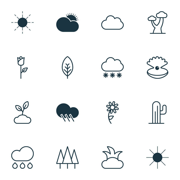 16 Harmony-kuvaketta. Sisältää Aurinkoinen sää, Puunlehti, Pilvi ja muut symbolit. Kaunis muotoilu elementit
. - Vektori, kuva