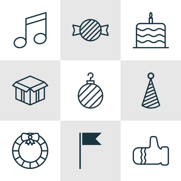 Set Of 9 Happy New Year Icons. Includes Celebration Cake, Garland , Mitten Symbols. Beautiful Design Elements. - Vector, Image